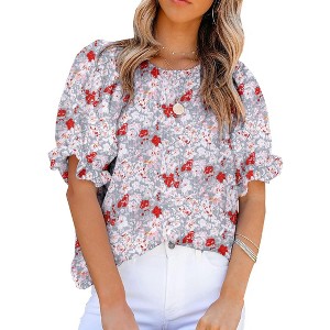 Zeagoo Womens Blouses Dressy Casual Spring Floral Print Crewneck Smocked Puff Short Sleeve Shirts - 1 of 4