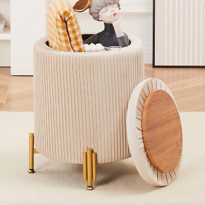 KTMBDW Round Ottoman Foot Stool with Storage and Metal Legs, Velvet Upholstered Footrest Stool Support 300lbs for Living Room Bedroom