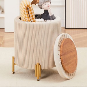 KTMBDW Round Ottoman Foot Stool with Storage and Metal Legs, Velvet Upholstered Footrest Stool Support 300lbs for Living Room Bedroom - 1 of 4