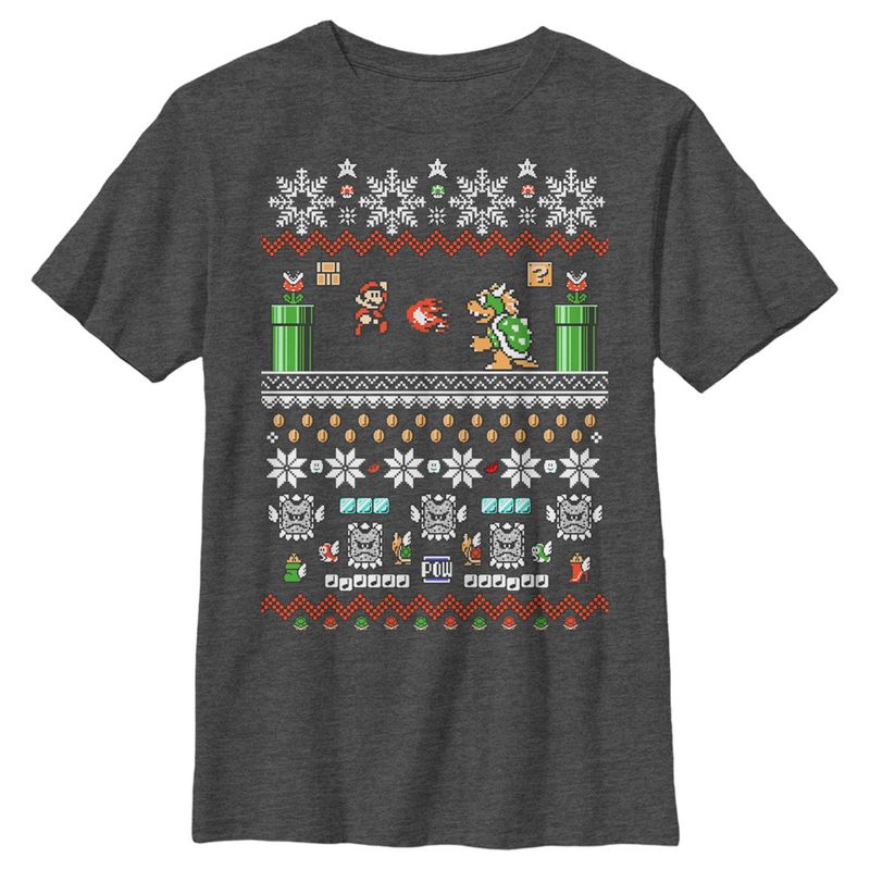 Boy's Nintendo Mario and Bowser Ugly Christmas Sweater T-Shirt, 1 of 6