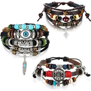 3-Pack Multilayer Woven Leather Bracelets with Evil Eye Beads, Bohemian Handmade PU Bracelets for Men & Women - 1 of 4