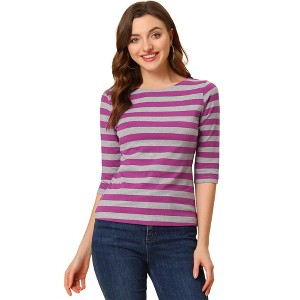 INSPIRE CHIC Women's Stripes Casual Basic Elbow Sleeves Boat Neck Slim Fit T-Shirts - 1 of 4