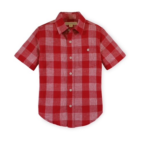 Hope & Henry Boys' Linen Short Sleeve Button Down Shirt (Red Pencil Check  Linen, XX-Small)