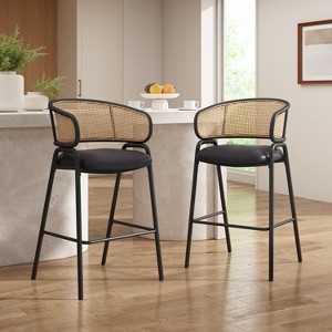 Indoor Metal Upholstered Barstool, Faux Leather Seat With Wowen Rattan Decorated Backrest, Set of 2 - 1 of 4