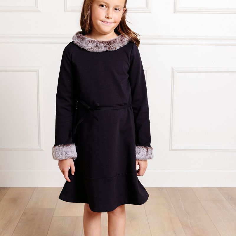 Hope & Henry Girls' Long Sleeve Ponte Skater Dress with Faux Fur Trim, Toddler, 5 of 8