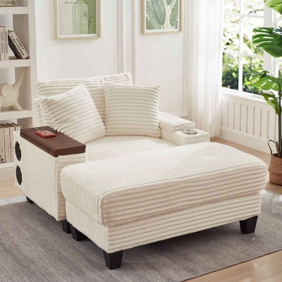 Single Seat Armrest Sofa with Ottoman, Sofa with Hidden Table and USB and Bluetooth Speaker, Corduroy Sofa with Wood Frame-Coolbibila