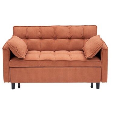 TiramisuBest Modern Velvet 3-in-1 Convertible Loveseat Sofa Bed with Rollaway Bed, Curved Backrest, Two Pillows, and Storage Pockets,Pink