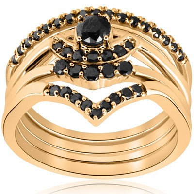 Pompeii3 1/2ct 4-Ring Stackable Yellow Gold Black Diamond Curved Wedding Engagement Set