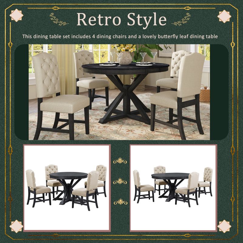 5 PCS Extendable Wood Dining Table Set with Round Table and 4 Upholstered Chairs Re-ModernLuxe, 4 of 12