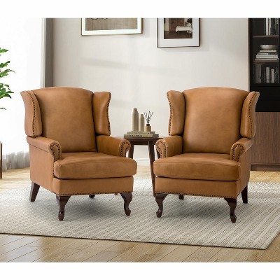Set of 2 Helmuth Wooden Upholstery Genuine  Leather Armchair for livingroom | KARAT HOME