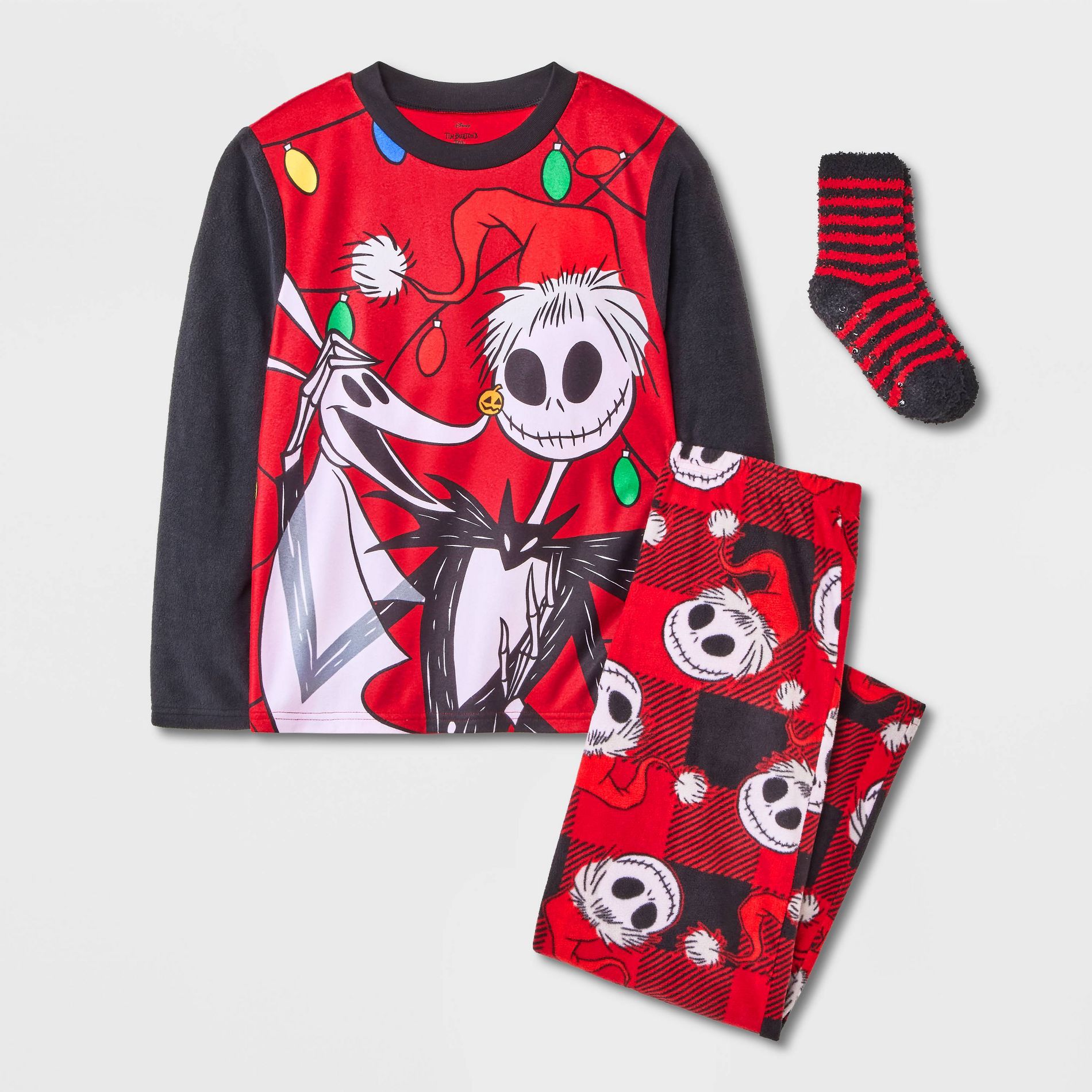Boys' 2pc The Nightmare Before Christmas Jack Skellington Oogie Boogie Cozy Pajama Set with Socks - Red