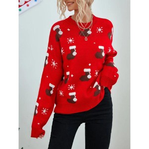 Clearlove Women's Whimsical Christmas Stocking Print Sweater Crewneck Knit Pullover - 1 of 4