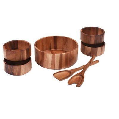 Kalmar Home Solid Acacia  7 Piece - Large Salad Bowl with Servers and 4 Individuals
