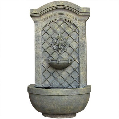 Sunnydaze 31"H Solar-Powered with Battery Pack Polystone Rosette Leaf Outdoor Wall-Mount Fountain, French Limestone Finish