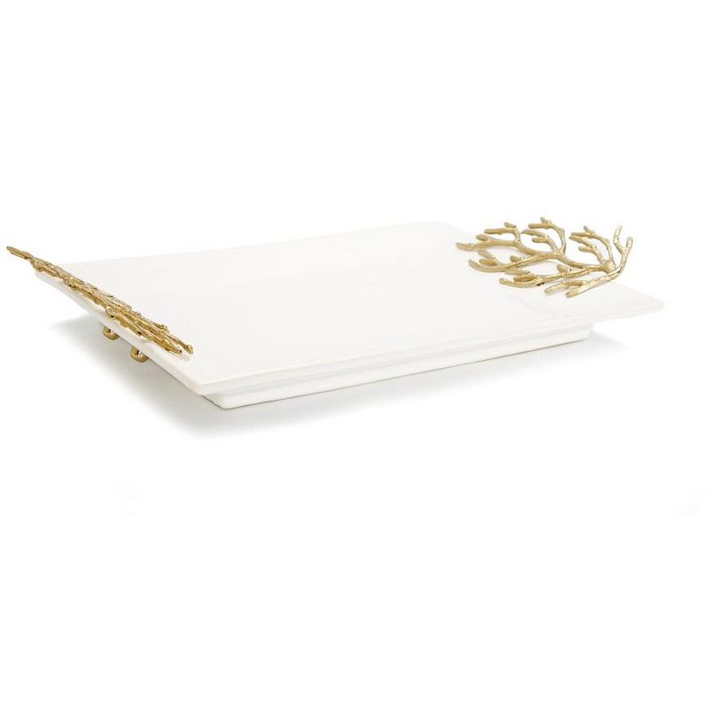 Classic Touch White Rectangular Tray with Gold Coral Design Handles, 2 of 3