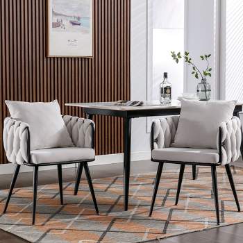 Set of 2 Modern Velvet Handwoven Dining Chairs with Black Metal Legs - ModernLuxe