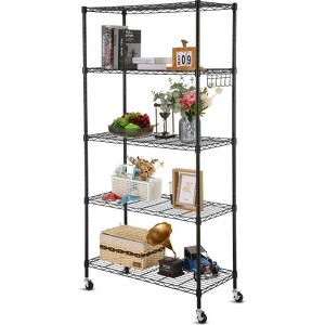 Homdox 5 Tier Utility Storage Shelves with Wheels, Metal Heavy Duty Wire Shelving Unit, Adjustable Storage Racks with Side Hooks for Bathroom Kitchen - 1 of 4