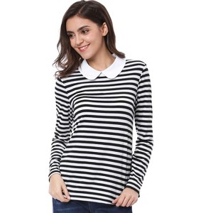 INSPIRE CHIC Women's Long Sleeves Contrast Peter Pan Collar Striped Blouse Top - 1 of 4