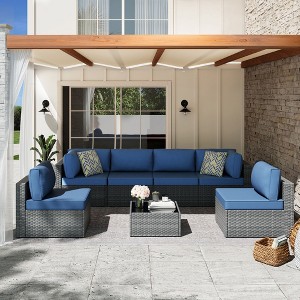 Celebalcony 7 Piece Silver Rattan Outdoor Patio Seating Group with Cushions Navy Blue - 1 of 4