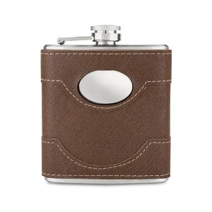 Twine Bootlegger Metal Flask - Leather Wrap Stainless Steel Flask with Lift Cap, Liquor Whiskey Drinking Metal Container, Novelty Flask - 6oz, Brown - 1 of 4