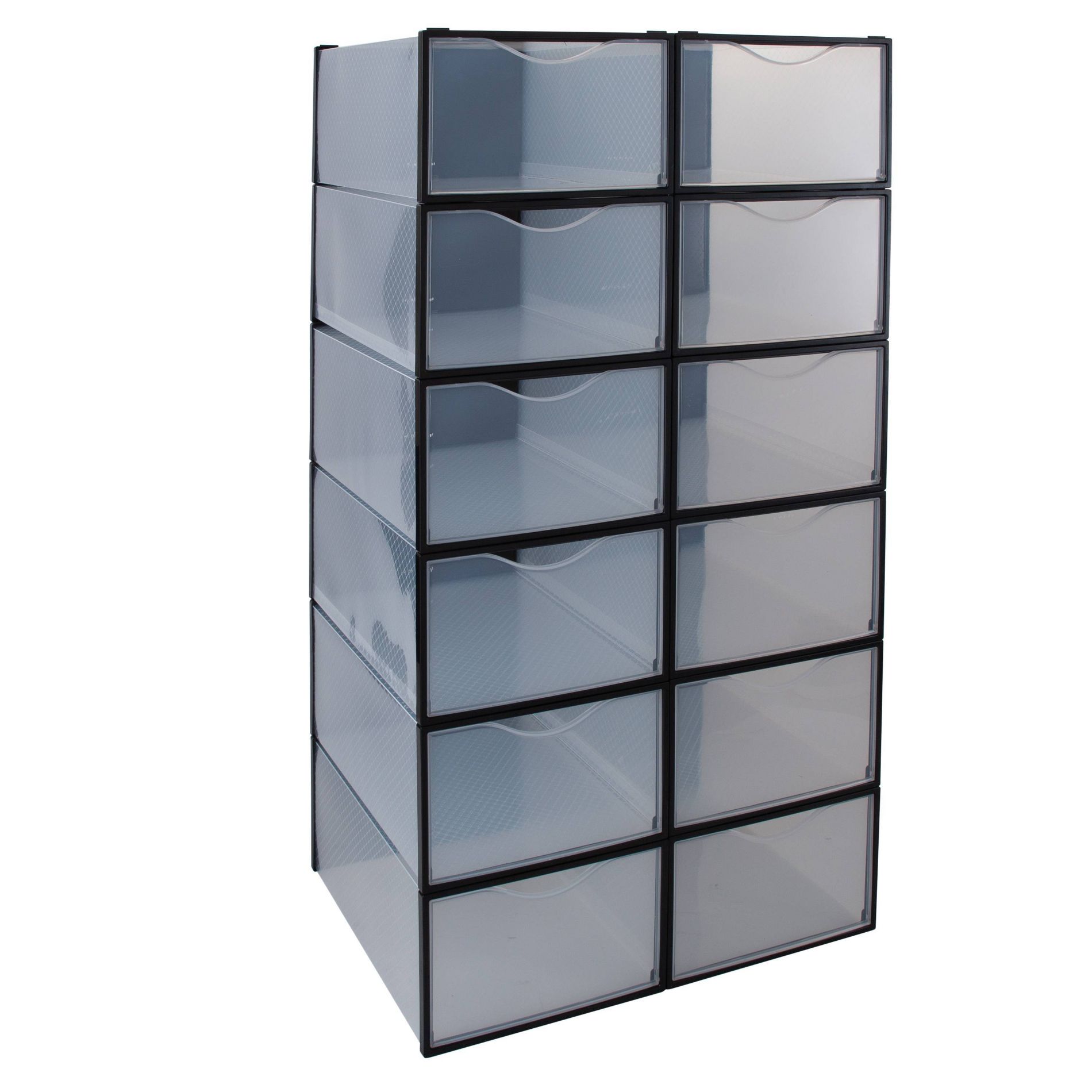 Simplify Set of 12 Drop Front Shoe Box Black: Plastic Storage Drawers for Shoe Storage, No Assembly Required