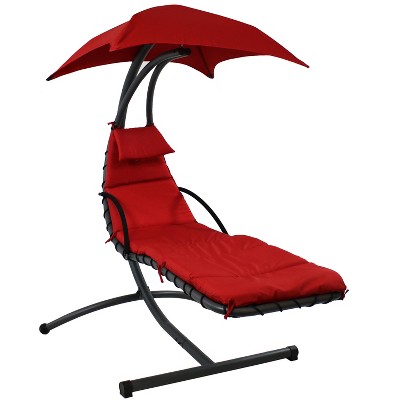 Sunnydaze Outdoor Hanging Chaise Floating Lounge Chair with Canopy Umbrella and Arc Stand, Burnt Orange