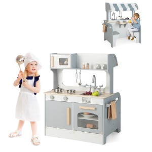 Costway 2 in 1 Kids Play Kitchen& Restaurant Double Sided Wooden Kitchen Playset Toddler Gray - 1 of 4