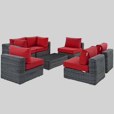 Summon 7pc Outdoor Patio Sectional Set with Sunbrella Fabric - Red - Modway