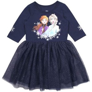 Disney Toddler Girls' Frozen II Three-Quarter Sleeve Casual Tulle Dress, Navy Blue, 2T - 1 of 3