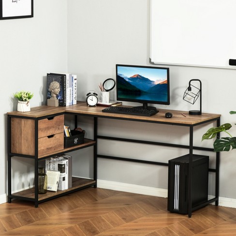 Dark Brown L Shaped Home Office Desk with Keyboard Tray