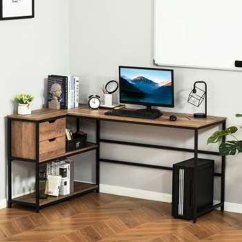 HOMCOM L-Shaped Home Office Writing Desk with Storage Shelf Drawer Industrial Corner PC Study Table Computer Workstation Brown