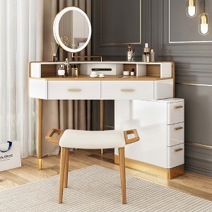 POVISON Corner Makeup Vanity With Lights, Vanity Desk with 5 Drawers, Piano Finish, Solid Wood Legs, Stool, Light Walnut, 29.5'' - 1 of 4