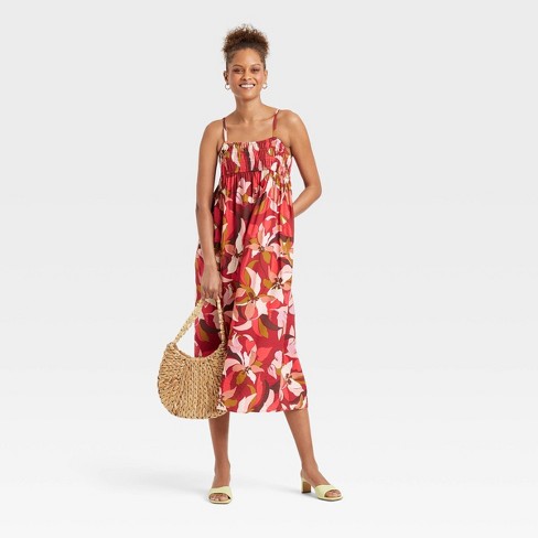 Women's Spaghetti Strap Smocked Dress - A New Day™ Dark Red Floral Xxl :  Target