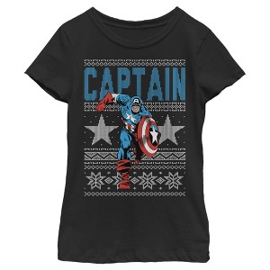 Girl's Marvel Ugly Christmas Captain America Star T-Shirt - 1 of 3