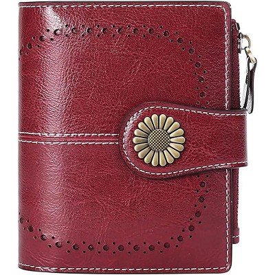 Hachikiko Small Bifold Wallet - Vegan Leather RFID Blocking Card Holder with Zipper Coin Pocket, Compact & Roomy,Red