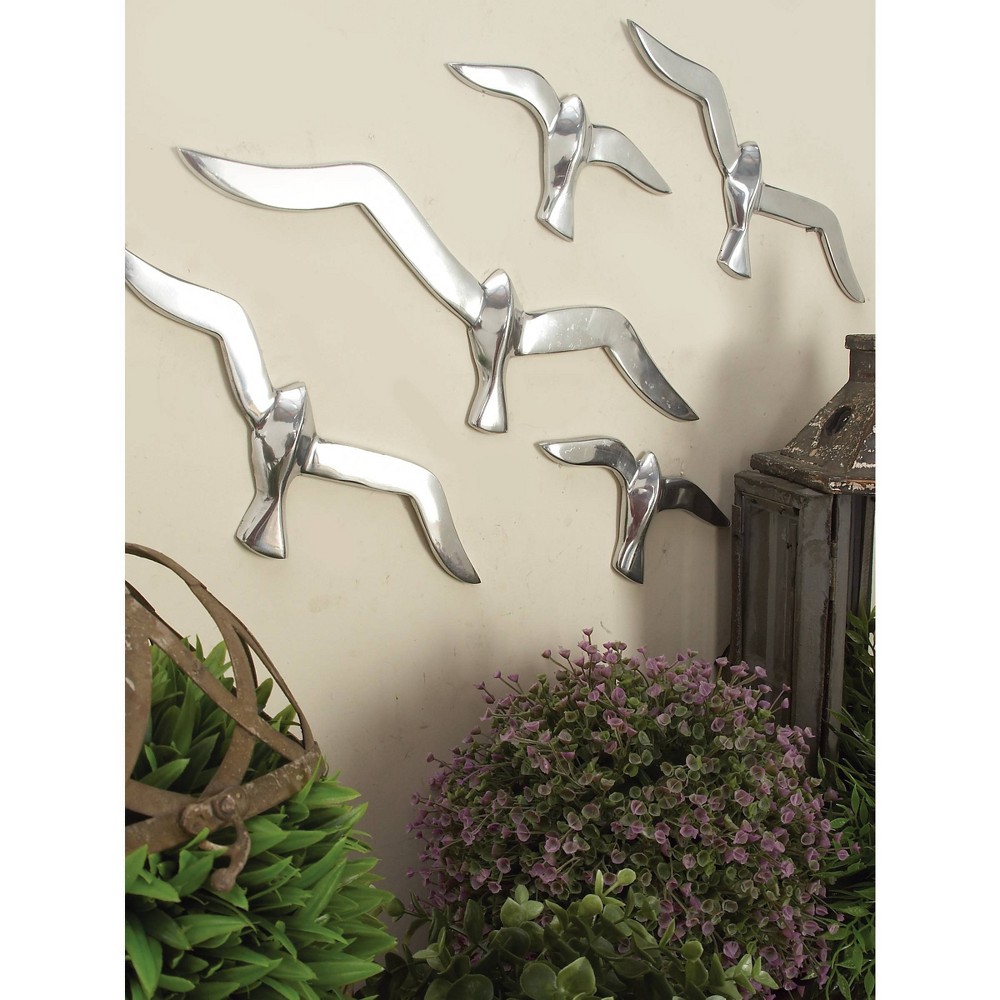 Photos - Wallpaper Set of 7 Aluminum Bird Floating Flock of Wall Decors Silver - Olivia & May