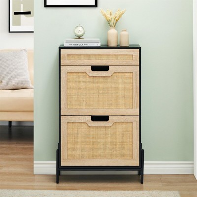 Natural Rattan Shoe Cabinet, 2 Flip Door Shoe Rack with a Drawer, Modern Freestanding Shoe Organizer