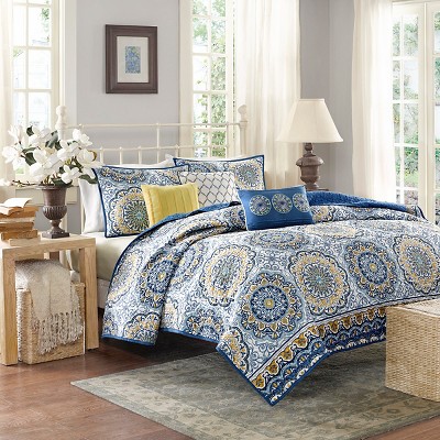 Blue and Yellow Bohemian Reversible Queen Quilt Set