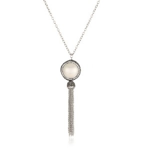 ELYA Women's Crystal Halo White Shell Bead Steel Tassel Necklace - 26" - 1 of 3