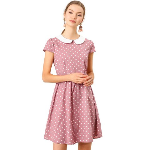 Женские платья INSPIRE CHIC Women's Peter Pan Collar Short Sleeves Contrast A-Line Polka Dots Dress Pink Medium
