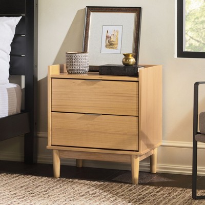Okak 2-Drawer Bedside Table Mid-Century Modern, Solid Wood Accent Nightstand with Easy-Pull Drawers for Bedroom Small Spaces, Natural Wood