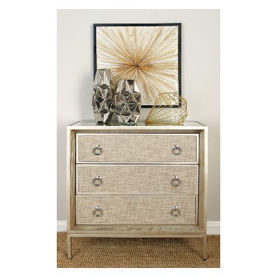 Beige Upholstered 3 Drawer Chest with Mirrored Top and Ring Handles