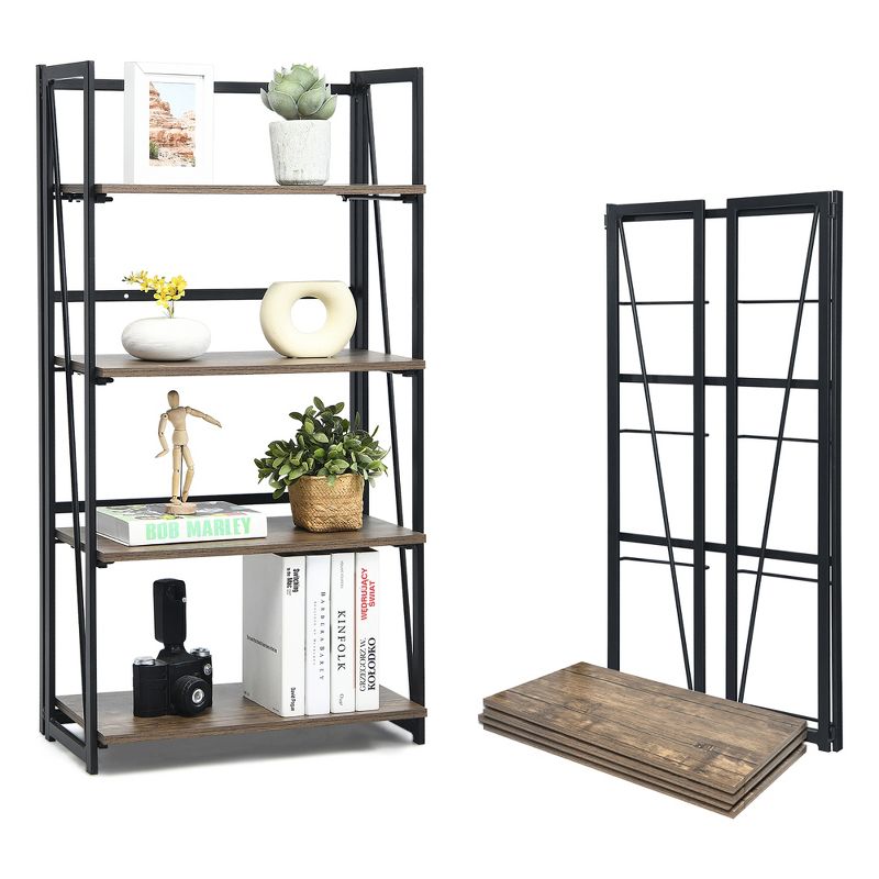 Costway 4-Tier Folding Bookshelf No-Assembly Industrial Bookcase Display Shelves, 1 of 11