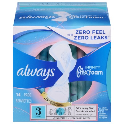 Always Infinity FlexFoam Feminine Pads for Women, Size 3 Extra Heavy Flow Unscented Pads 14 ea