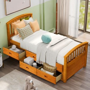 CAVINAS Twin Storage Bed Frame with 6 Drawers, Solid Pinewood Platform Bed, Bed with Headboards, Safe for Kids, No Box Spring Needed - 1 of 4