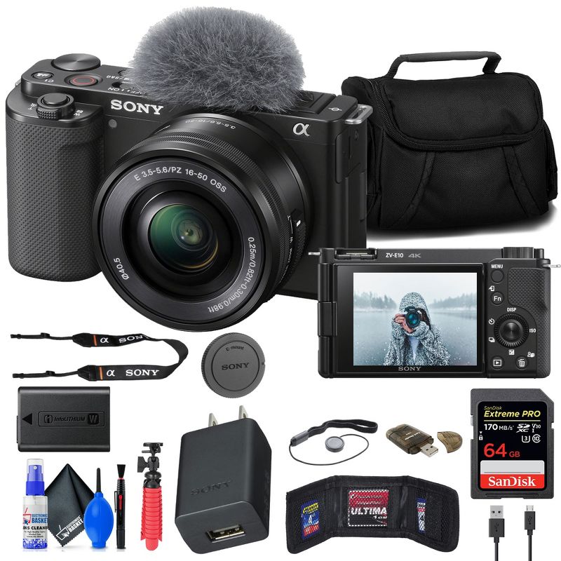 Sony ZV-E10 Mirrorless Camera w/ 16-50mm Lens (Black) + 64GB Card + Flex Tripod, 1 of 5
