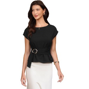 INSPIRE CHIC Women's Cap Sleeve Crew Neck Peplum Business Casual Blouses with Belt - 1 of 4