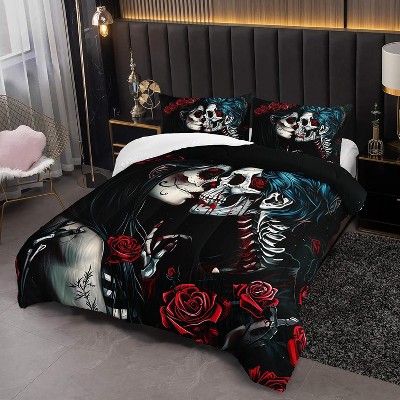 Hachikiko Gothic Skull & Red Rose 3D Print Comforter Set - Edgy Bedroom Decor for Teens & Adults