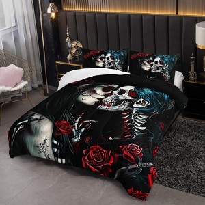 Hachikiko Gothic Skull & Red Rose 3D Print Comforter Set - Edgy Bedroom Decor for Teens & Adults - 1 of 4