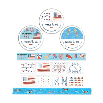Illustrated Masking Tape by Ramus & Co - 3ct Rolls, Assorted Rolls (Party in The USA + Red & Blue Stamps + By The Pool)